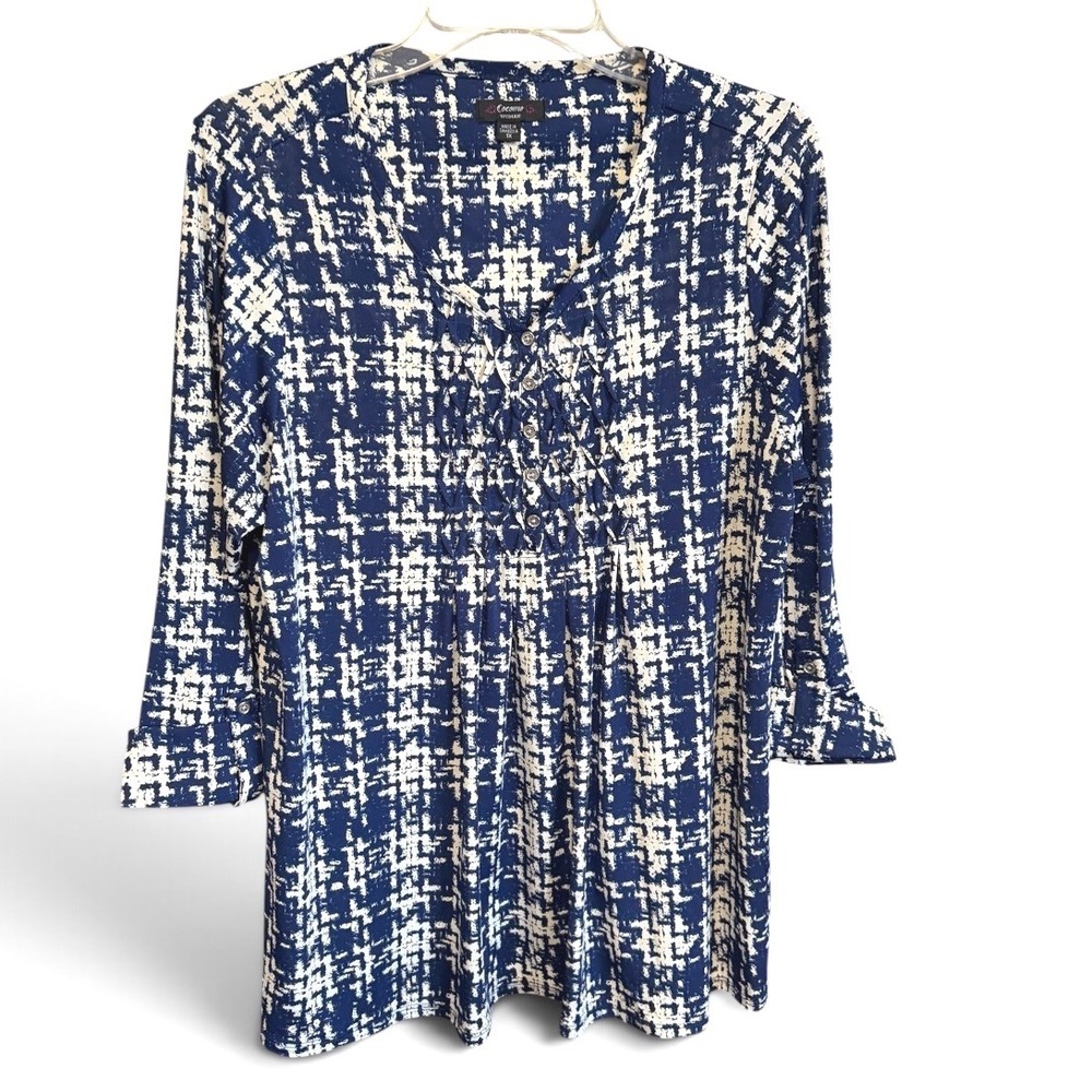Cocomo Woman Tunic Top 1X Blue White Lt Yellow Pintuck 3/4 Sleeve Abstract Print